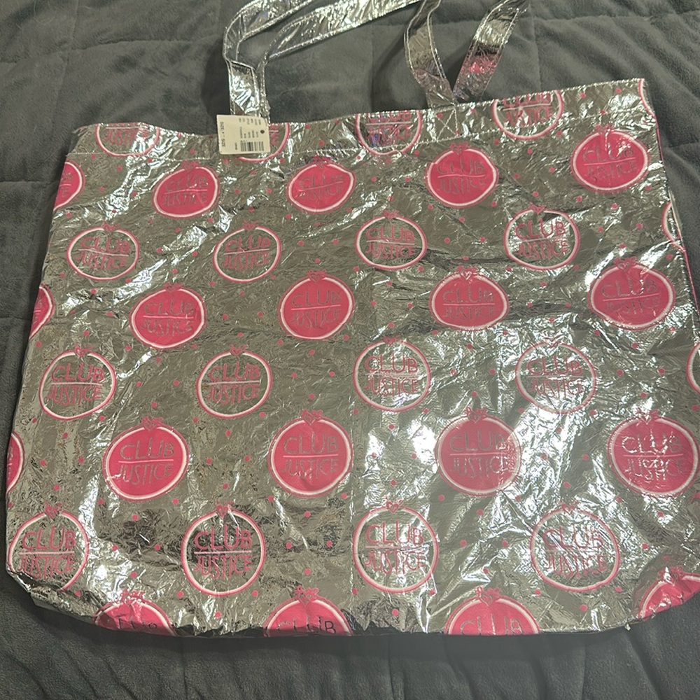 Justice Club silver and pink crinkle tote